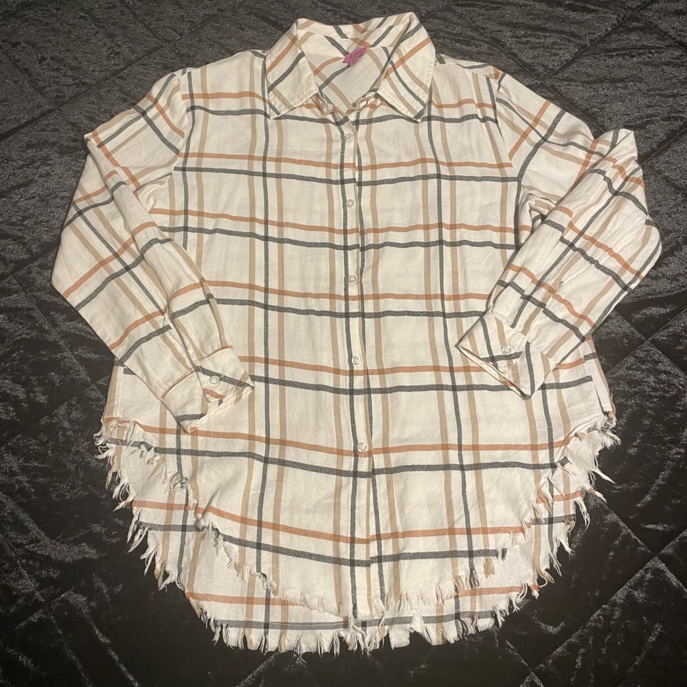 Miami for Francesca’s Women's Plaid Button Down Shirt - White and Tan